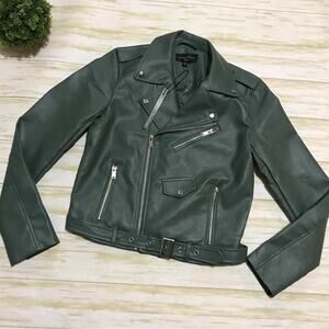 Love Tree NWT Faux Leather Moto Motorcycle Jacket Coat Sage Green‎ Silver Small